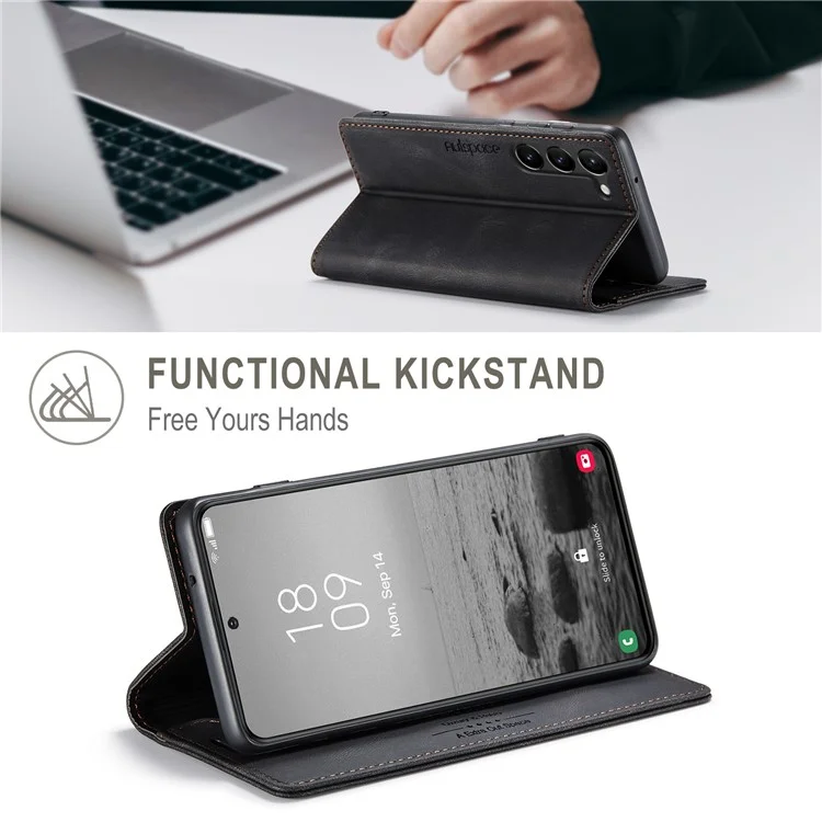 AUTSPACE A01 Series for Samsung Galaxy S23+ RFID Blocking Cell Phone Case Stand Wallet Retro Texture Shockproof PU Leather Matte Phone Cover - Black