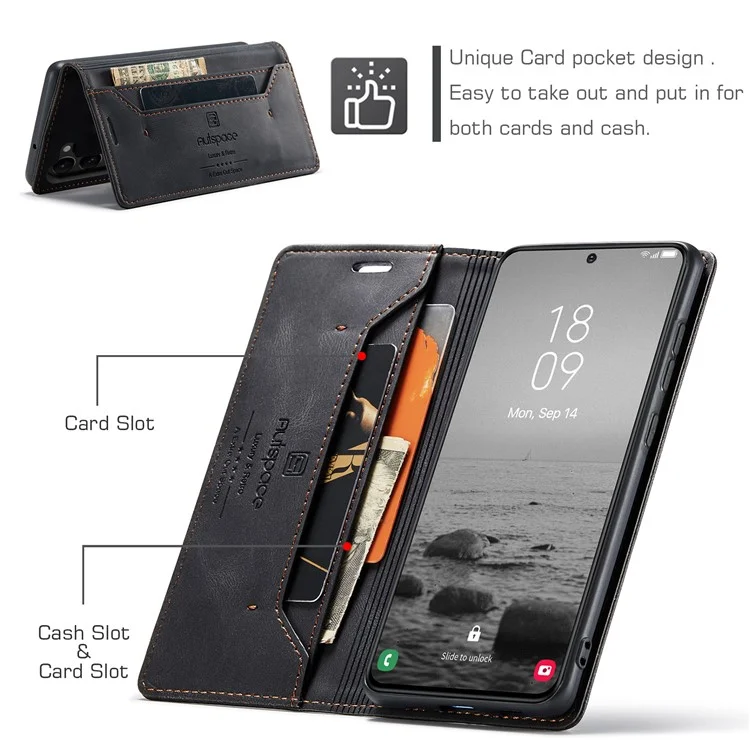 AUTSPACE A01 Series for Samsung Galaxy S23+ RFID Blocking Cell Phone Case Stand Wallet Retro Texture Shockproof PU Leather Matte Phone Cover - Black