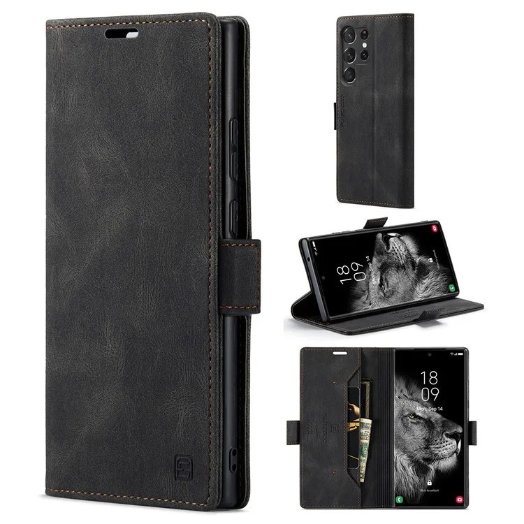 AUTSPACE A01 Series for Samsung Galaxy S23 Ultra RFID Blocking Phone Case Flip Leather Stand Wallet Full Protection Retro Texture Matte Phone Cover - Black