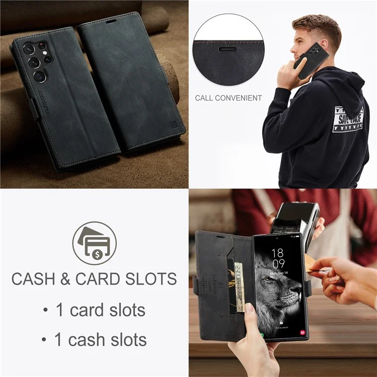 AUTSPACE A01 Series for Samsung Galaxy S23 Ultra RFID Blocking Phone Case Flip Leather Stand Wallet Full Protection Retro Texture Matte Phone Cover - Black