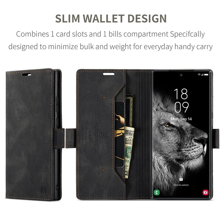 AUTSPACE A01 Series for Samsung Galaxy S23 Ultra RFID Blocking Phone Case Flip Leather Stand Wallet Full Protection Retro Texture Matte Phone Cover - Black