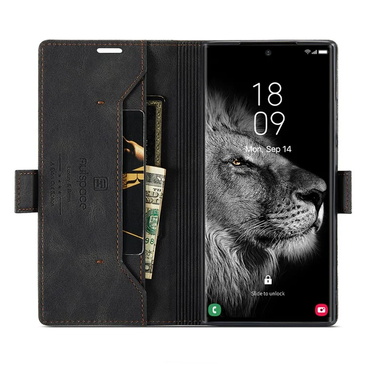 AUTSPACE A01 Series for Samsung Galaxy S23 Ultra RFID Blocking Phone Case Flip Leather Stand Wallet Full Protection Retro Texture Matte Phone Cover - Black