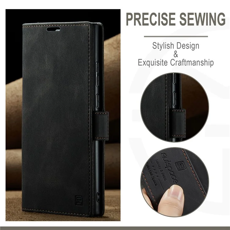 AUTSPACE A01 Series for Samsung Galaxy S23 Ultra RFID Blocking Phone Case Flip Leather Stand Wallet Full Protection Retro Texture Matte Phone Cover - Black