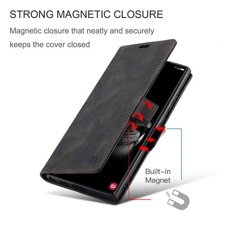 AUTSPACE A01 Series for Samsung Galaxy S23 Ultra RFID Blocking Phone Case Flip Leather Stand Wallet Full Protection Retro Texture Matte Phone Cover - Black