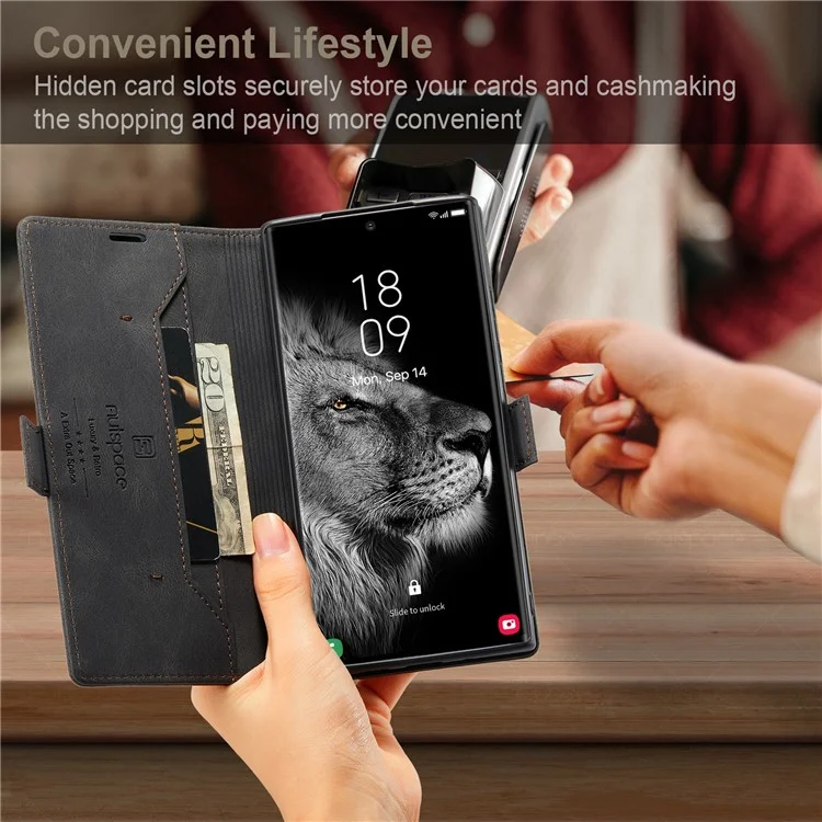 AUTSPACE A01 Series for Samsung Galaxy S23 Ultra RFID Blocking Phone Case Flip Leather Stand Wallet Full Protection Retro Texture Matte Phone Cover - Black