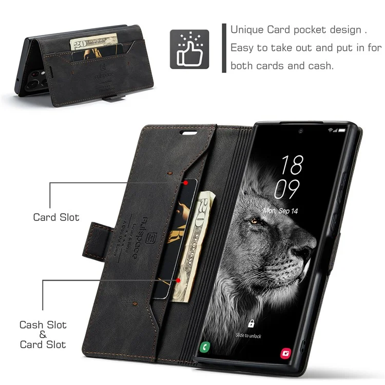 AUTSPACE A01 Series for Samsung Galaxy S23 Ultra RFID Blocking Phone Case Flip Leather Stand Wallet Full Protection Retro Texture Matte Phone Cover - Black