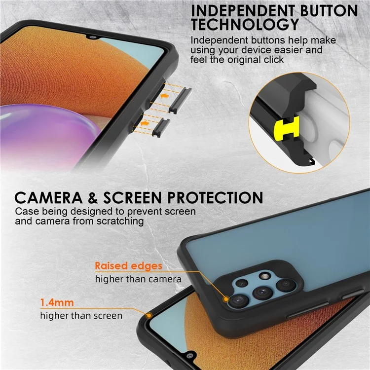 Combat X Mode For Samsung Galaxy A32 4G (EU Version) Drop Protection Transparent Case Hard PC Soft TPU Anti-Scratch Phone Cover - Black