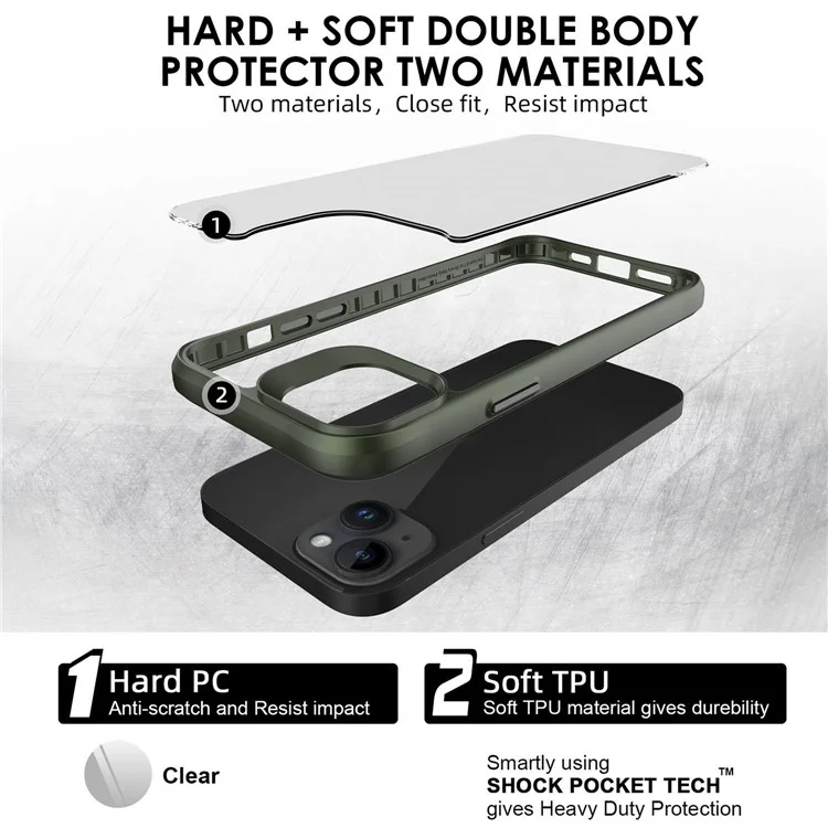 Combat X Mode Hard PC Back Soft TPU Bumper Case per iPhone 14, Custodia Protettiva Trasparente per Telefono - Verde Militare
