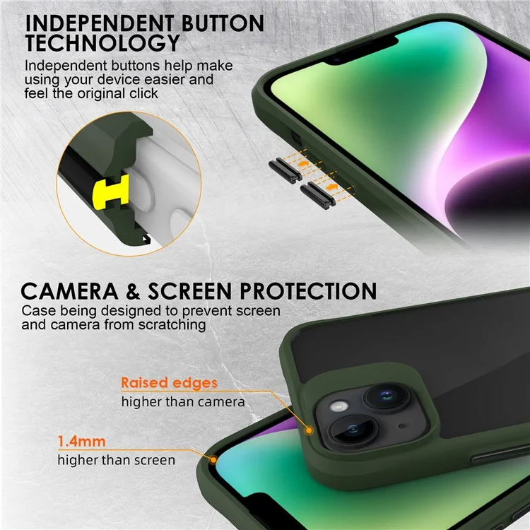 Combat X Mode Hard PC Back Soft TPU Bumper Case per iPhone 14, Custodia Protettiva Trasparente per Telefono - Verde Militare