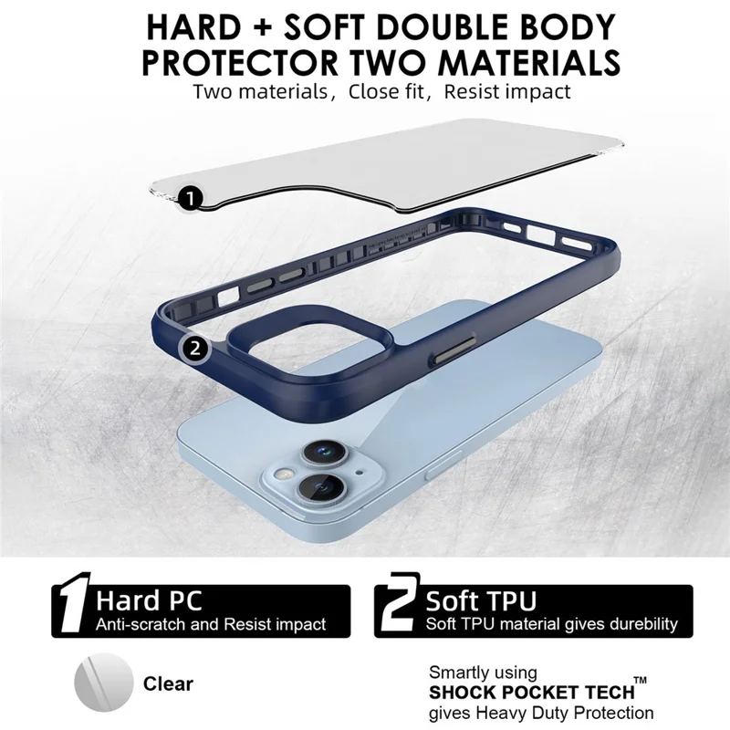 Estuche protector Combat X Mode Hard PC Back Soft TPU para iPhone 14, funda protectora de teléfono transparente - Azul