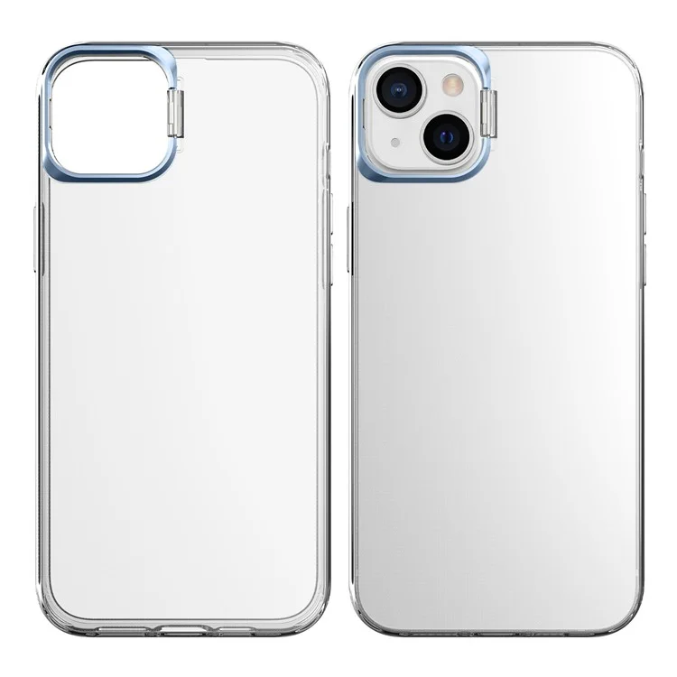 Для iPhone 13 6.1 дюйма / 14 Apex Capsule Series Anti-yellowing Phone Case Kickstand Clear 4 Corners Airbags Protective Soft TPU Phone Cover with Metal Camera Frame - Blue