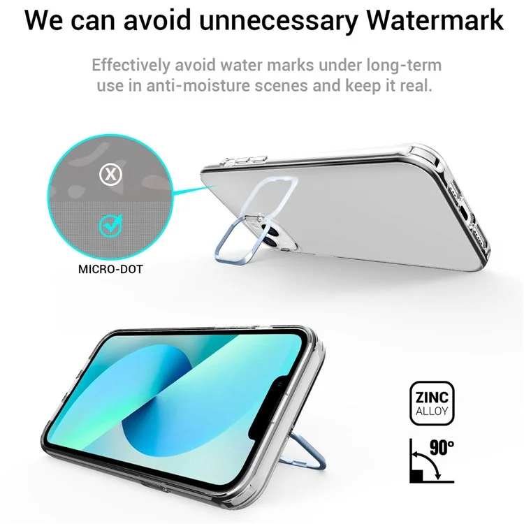 Для iPhone 13 6.1 дюйма / 14 Apex Capsule Series Anti-yellowing Phone Case Kickstand Clear 4 Corners Airbags Protective Soft TPU Phone Cover with Metal Camera Frame - Blue