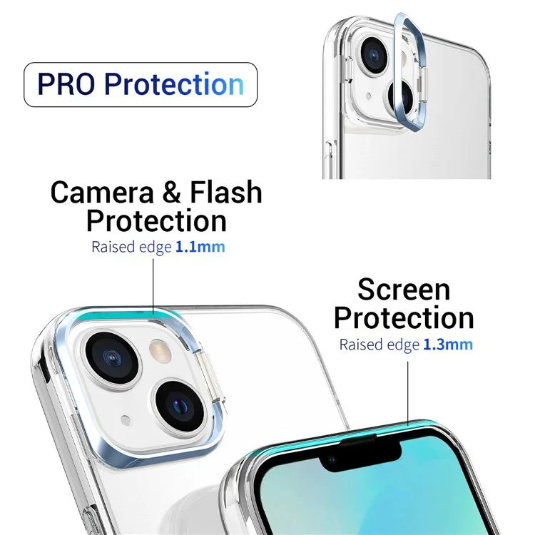 Для iPhone 13 6.1 дюйма / 14 Apex Capsule Series Anti-yellowing Phone Case Kickstand Clear 4 Corners Airbags Protective Soft TPU Phone Cover with Metal Camera Frame - Blue