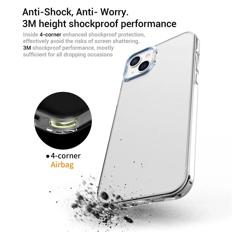 Для iPhone 13 6.1 дюйма / 14 Apex Capsule Series Anti-yellowing Phone Case Kickstand Clear 4 Corners Airbags Protective Soft TPU Phone Cover with Metal Camera Frame - Blue