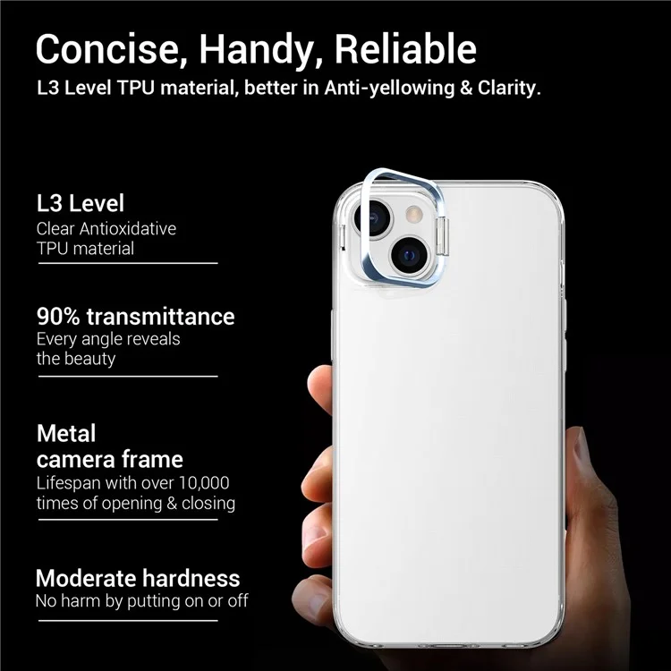 Для iPhone 13 6.1 дюйма / 14 Apex Capsule Series Anti-yellowing Phone Case Kickstand Clear 4 Corners Airbags Protective Soft TPU Phone Cover with Metal Camera Frame - Blue