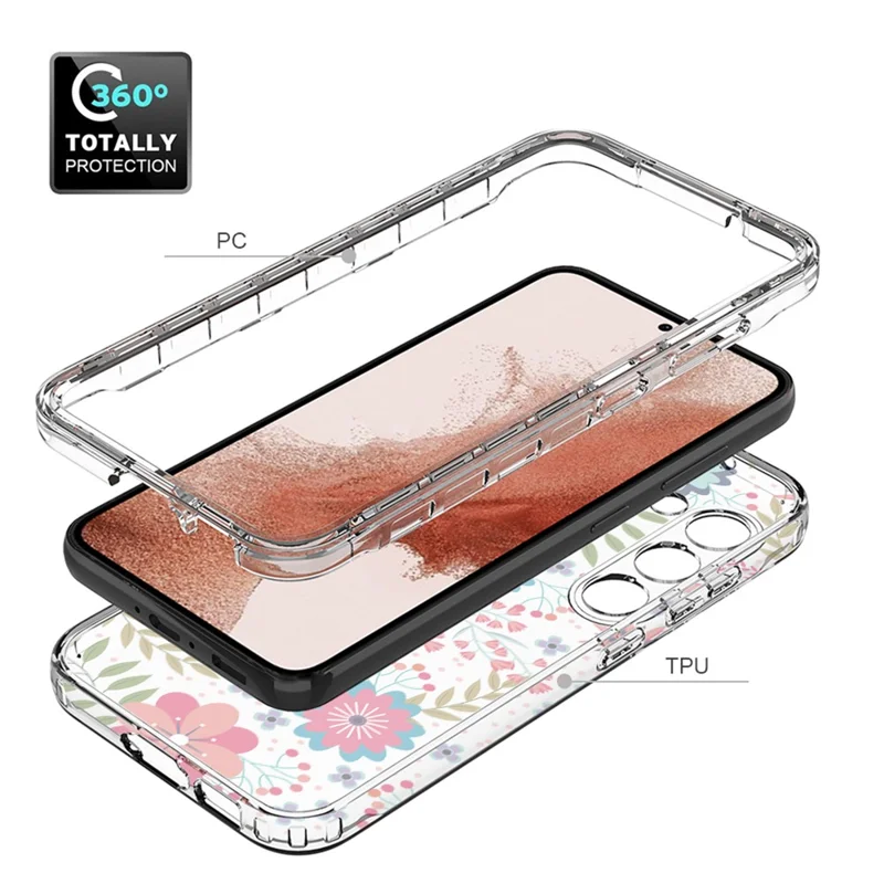 For Samsung Galaxy S23 Pattern Printing PC + TPU 2-in-1 Phone Case Anti-Scratch Transparent Cover - Flower and Leaf