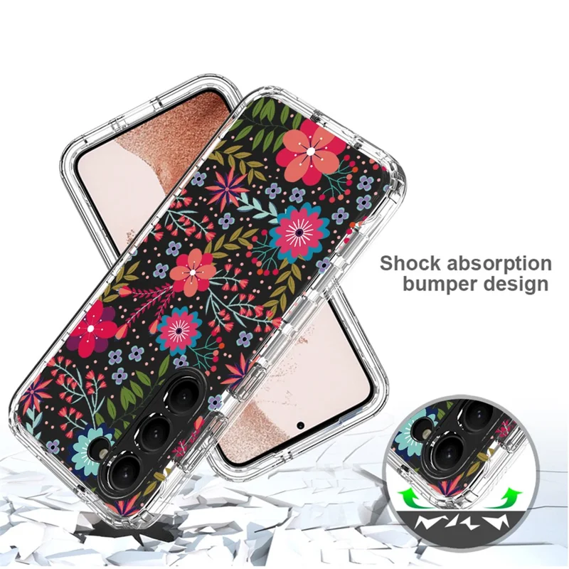 For Samsung Galaxy S23 Pattern Printing PC + TPU 2-in-1 Phone Case Anti-Scratch Transparent Cover - Flower and Leaf