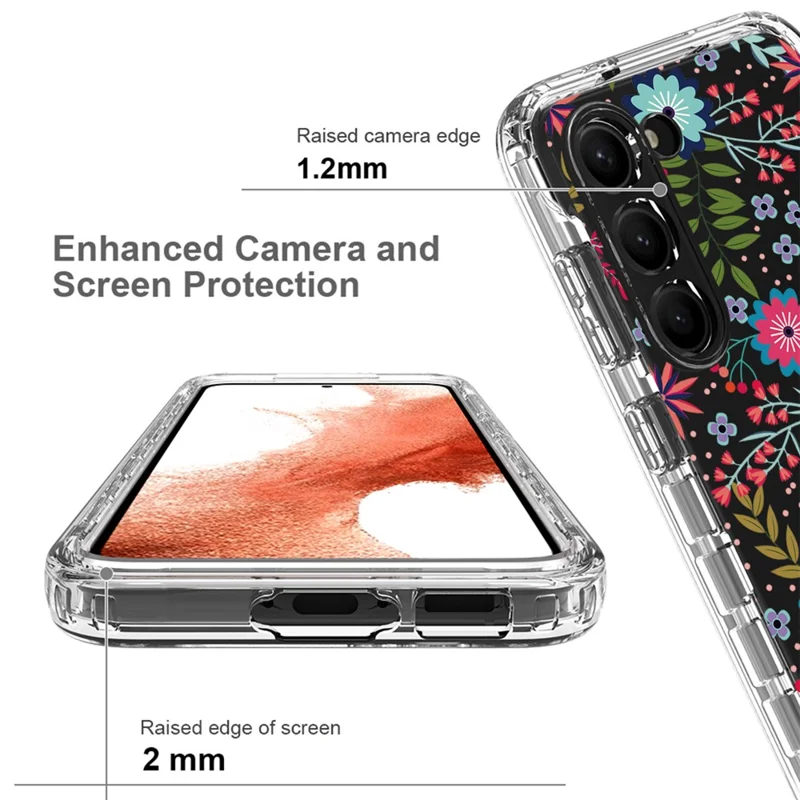 For Samsung Galaxy S23 Pattern Printing PC + TPU 2-in-1 Phone Case Anti-Scratch Transparent Cover - Flower and Leaf