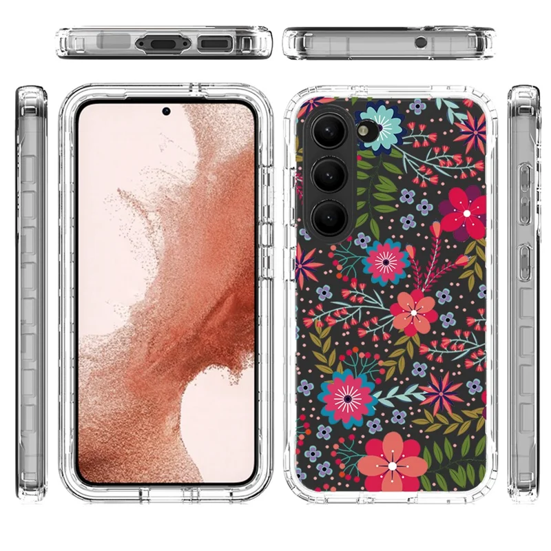 For Samsung Galaxy S23 Pattern Printing PC + TPU 2-in-1 Phone Case Anti-Scratch Transparent Cover - Flower and Leaf