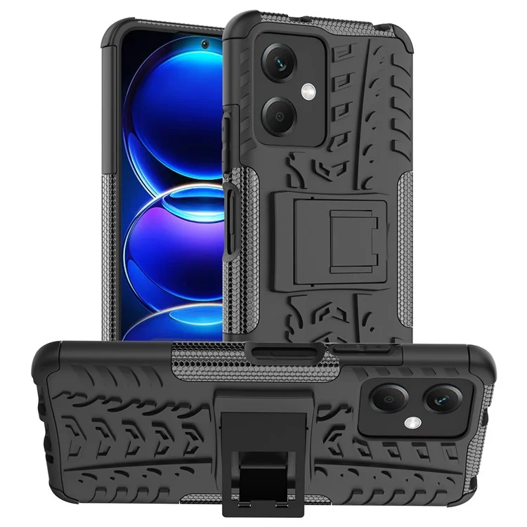 For Xiaomi Redmi Note 12 5G (Global) / (India) / (China) / Poco X5 5G Collision Resistant Tyre Pattern Kickstand Case PC+TPU Rugged Hybrid Phone Cover - Black