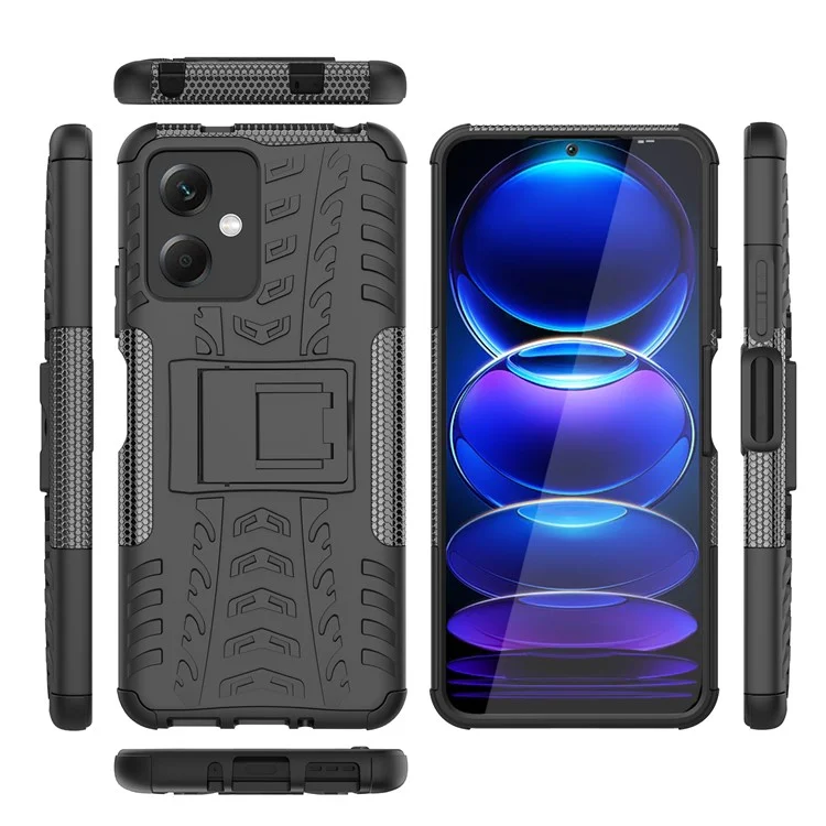 For Xiaomi Redmi Note 12 5G (Global) / (India) / (China) / Poco X5 5G Collision Resistant Tyre Pattern Kickstand Case PC+TPU Rugged Hybrid Phone Cover - Black