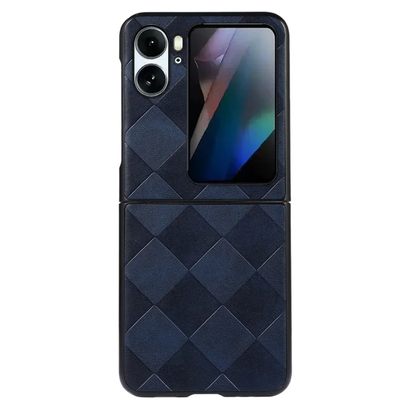 For Oppo Find N2 Flip 5G Grid Texture Shockproof Phone Case PU Leather Coated Hard PC Anti-Scratch Folding Back Cover - Blue