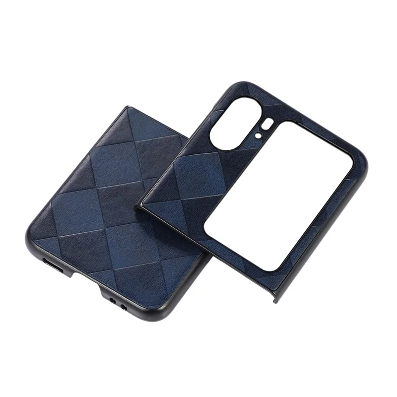 For Oppo Find N2 Flip 5G Grid Texture Shockproof Phone Case PU Leather Coated Hard PC Anti-Scratch Folding Back Cover - Blue