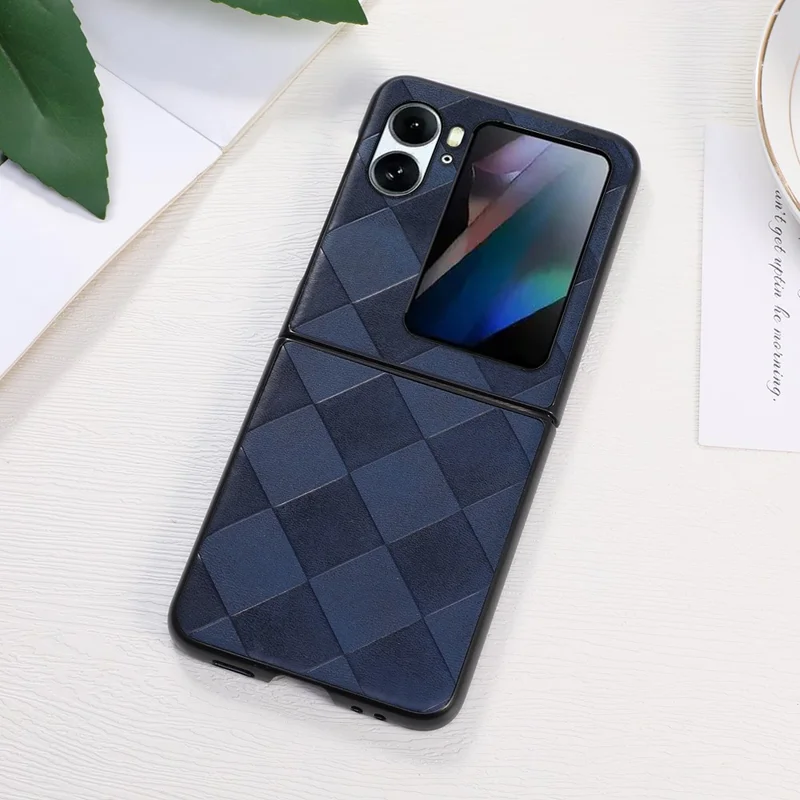For Oppo Find N2 Flip 5G Grid Texture Shockproof Phone Case PU Leather Coated Hard PC Anti-Scratch Folding Back Cover - Blue