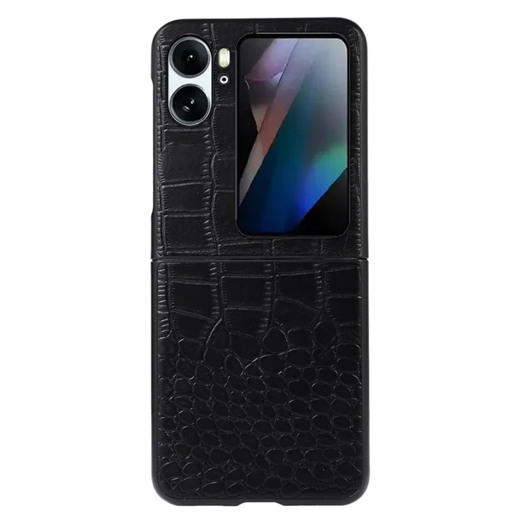 Para Oppo Find N2 Flip 5G Funda de Teléfono Resistente a Golpes de Cuero de Vaca Genuino Recubierto de PC Textura de Cocodrilo Anti-Arañazos Plegable - Negro