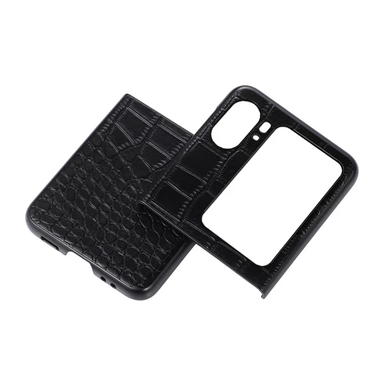 Para Oppo Find N2 Flip 5G Funda de Teléfono Resistente a Golpes de Cuero de Vaca Genuino Recubierto de PC Textura de Cocodrilo Anti-Arañazos Plegable - Negro