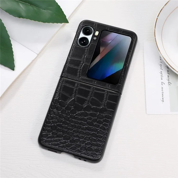 Para Oppo Find N2 Flip 5G Funda de Teléfono Resistente a Golpes de Cuero de Vaca Genuino Recubierto de PC Textura de Cocodrilo Anti-Arañazos Plegable - Negro
