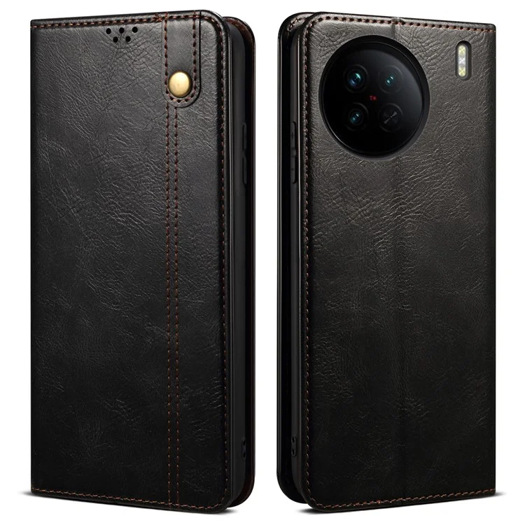 Funda de cartera de piel de poliuretano para vivo X90 Pro 5G, textura de piel de caballo encabritado con cera, antirayones, magnética, autoadhesiva, soporte de teléfono, billetera - Negro