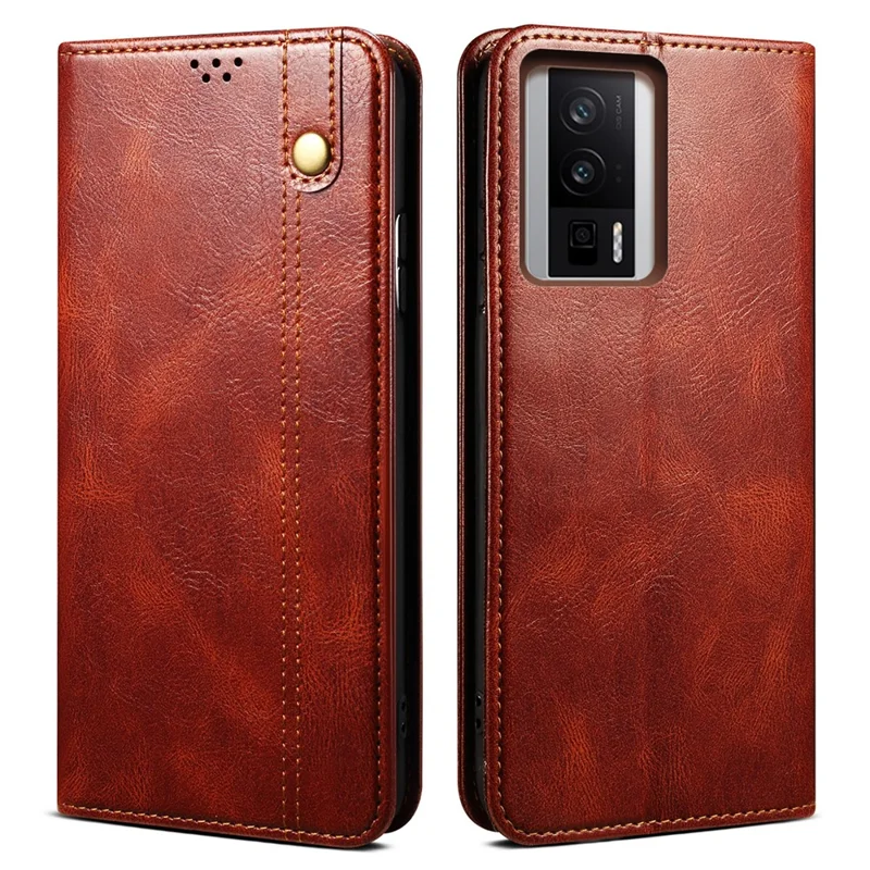 Magnetisches Autogefangenes Telefon-Gehäuse für Xiaomi Poco F5 Pro 5G / Redmi K60 Pro 5G / K60 5G Wachsige Crazy Horse Textur Stehen Geldbörse Schützende PU-Leder-Folio-Klapp-Handyhülle - Braun