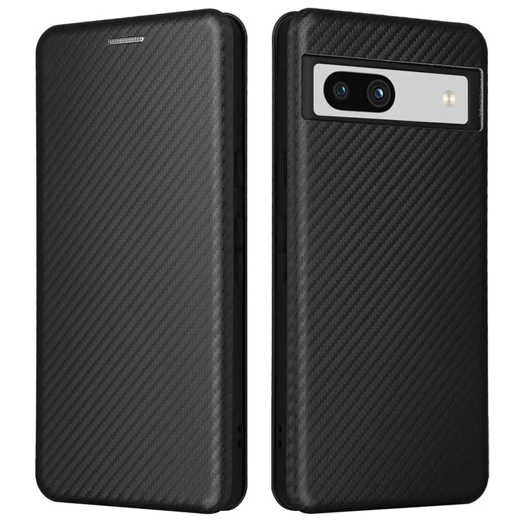 For Google Pixel 7a Carbon Fiber Texture Phone Case Card Slot PU Leather Magnetic Auto-absorbed Stand Cover - Black