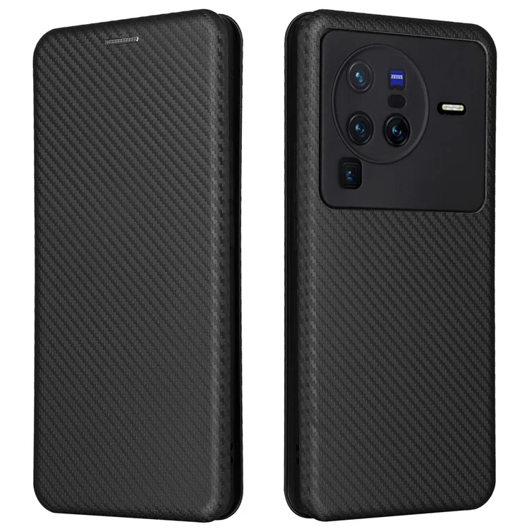 Für vivo X80 Pro 5G Carbon Fiber Textur PU Leder Stand Case Magnetische Auto-absorbierte Folio Flip Phone Cover mit Kartenfach - Schwarz