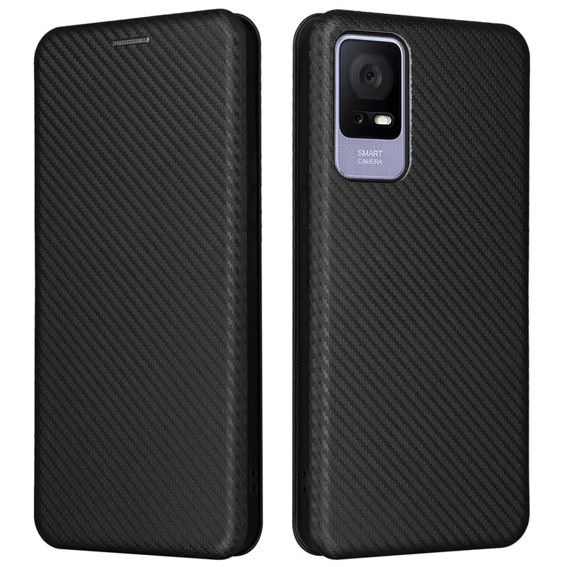 Card Slot Phone Case for TCL 405, Carbon Fiber Texture Magnetic Auto-absorbed PU Leather Full Protection Stand Cover - Black