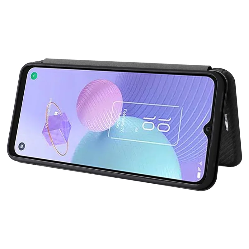 Card Slot Phone Case for TCL 405, Carbon Fiber Texture Magnetic Auto-absorbed PU Leather Full Protection Stand Cover - Black