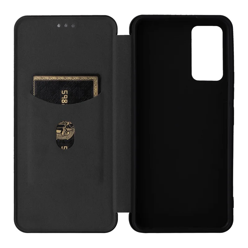 Card Slot Phone Case for TCL 405, Carbon Fiber Texture Magnetic Auto-absorbed PU Leather Full Protection Stand Cover - Black
