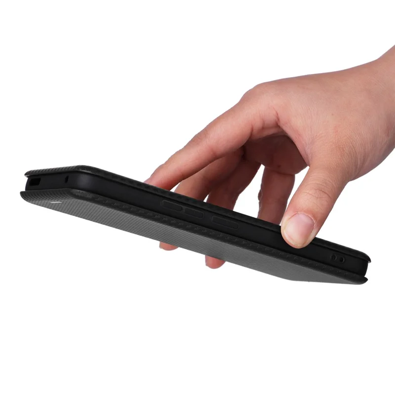 Card Slot Phone Case for TCL 405, Carbon Fiber Texture Magnetic Auto-absorbed PU Leather Full Protection Stand Cover - Black