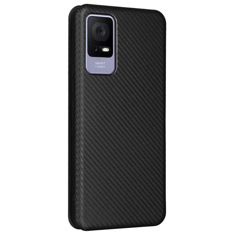 Card Slot Phone Case for TCL 405, Carbon Fiber Texture Magnetic Auto-absorbed PU Leather Full Protection Stand Cover - Black