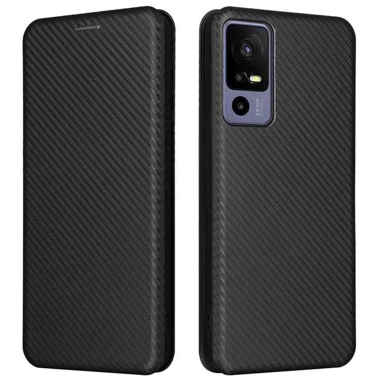 Pour TCL 40R 5G Magnetic Auto-absorbed Carbon Fiber Texture Phone Case Folio Flip PU Leather Stand Card Holder Cover - Noir