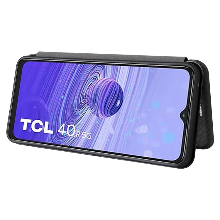 Pour TCL 40R 5G Magnetic Auto-absorbed Carbon Fiber Texture Phone Case Folio Flip PU Leather Stand Card Holder Cover - Noir