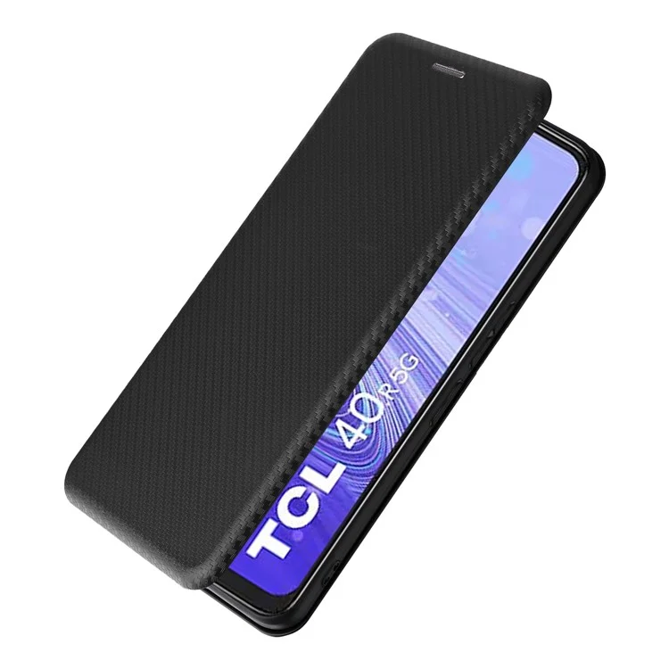 Pour TCL 40R 5G Magnetic Auto-absorbed Carbon Fiber Texture Phone Case Folio Flip PU Leather Stand Card Holder Cover - Noir