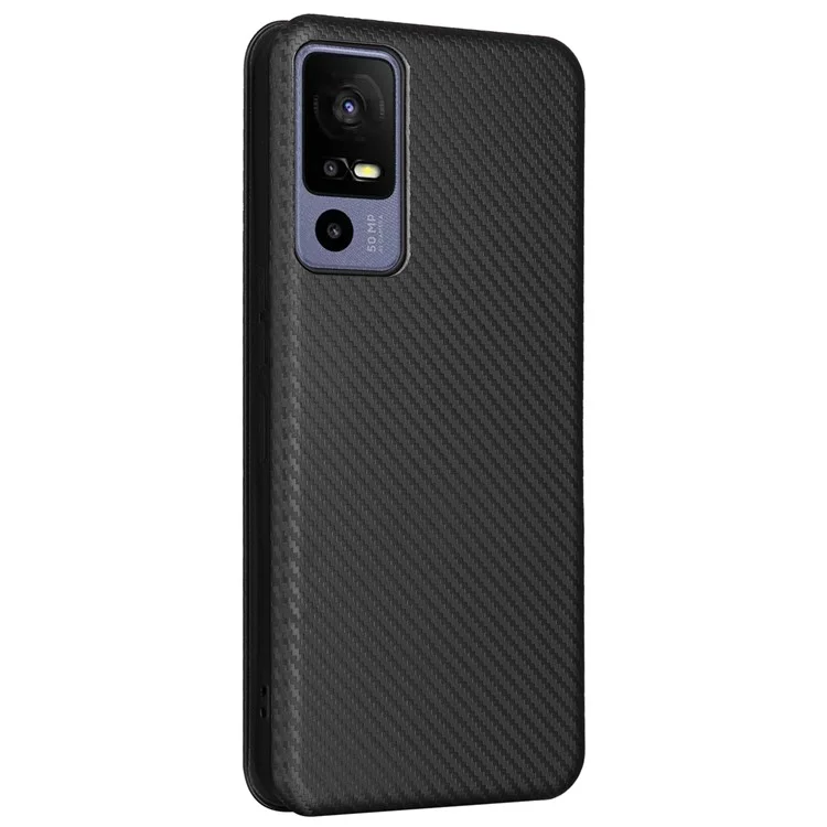 Pour TCL 40R 5G Magnetic Auto-absorbed Carbon Fiber Texture Phone Case Folio Flip PU Leather Stand Card Holder Cover - Noir