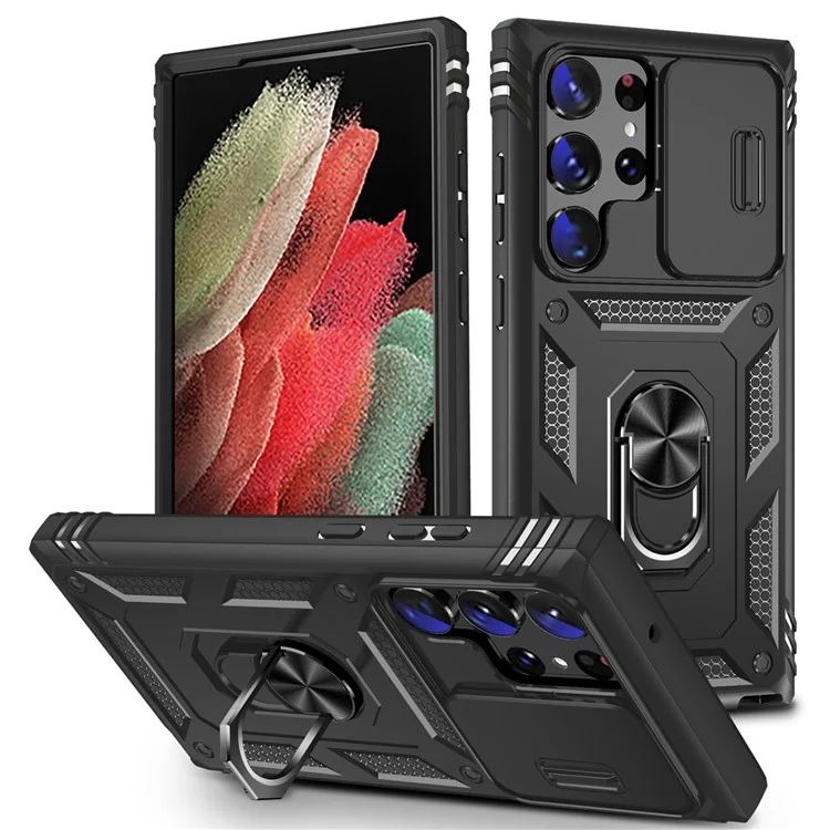 For Samsung Galaxy S23 Ultra Protective Phone Case with Ring Kickstand Card Holder Phone Back Cover with Sliding Camera Lid - Black