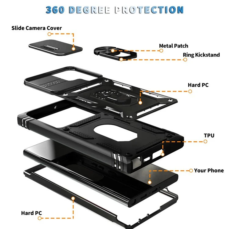 For Samsung Galaxy S23 Ultra Protective Phone Case with Ring Kickstand Card Holder Phone Back Cover with Sliding Camera Lid - Black