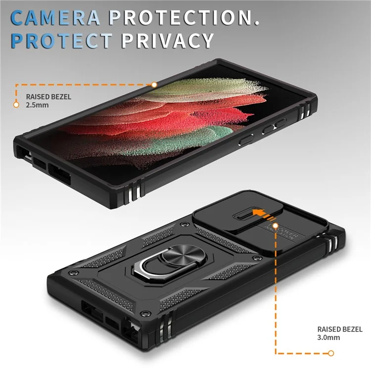 For Samsung Galaxy S23 Ultra Protective Phone Case with Ring Kickstand Card Holder Phone Back Cover with Sliding Camera Lid - Black