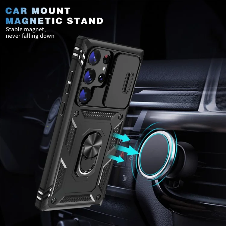 For Samsung Galaxy S23 Ultra Protective Phone Case with Ring Kickstand Card Holder Phone Back Cover with Sliding Camera Lid - Black