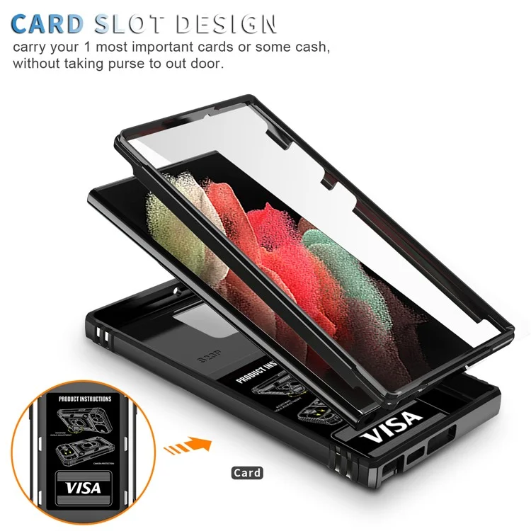 For Samsung Galaxy S23 Ultra Protective Phone Case with Ring Kickstand Card Holder Phone Back Cover with Sliding Camera Lid - Black