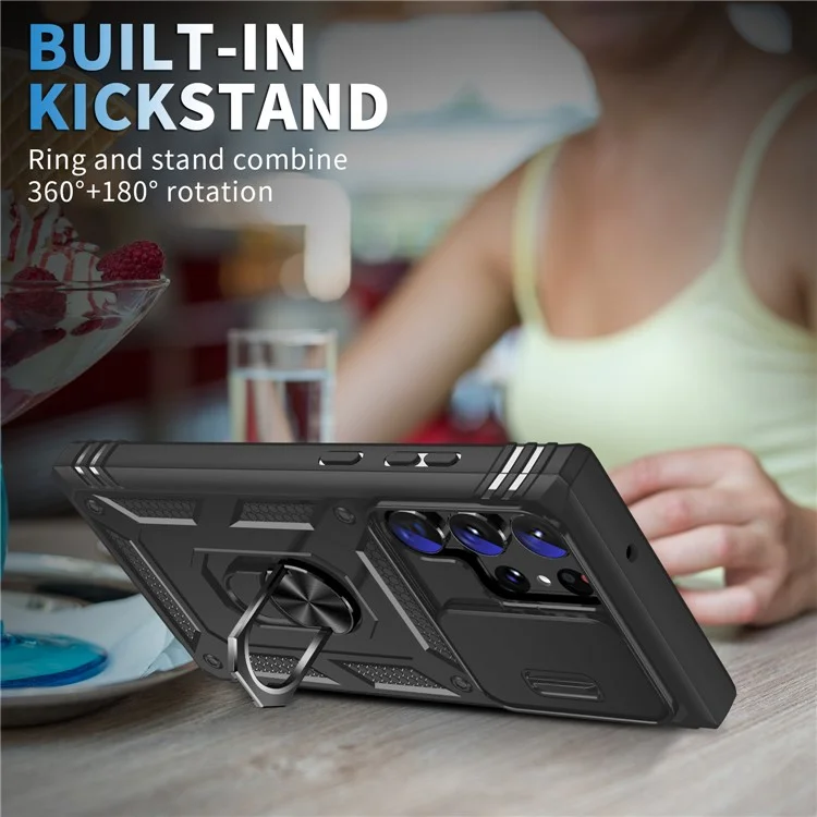 For Samsung Galaxy S23 Ultra Protective Phone Case with Ring Kickstand Card Holder Phone Back Cover with Sliding Camera Lid - Black